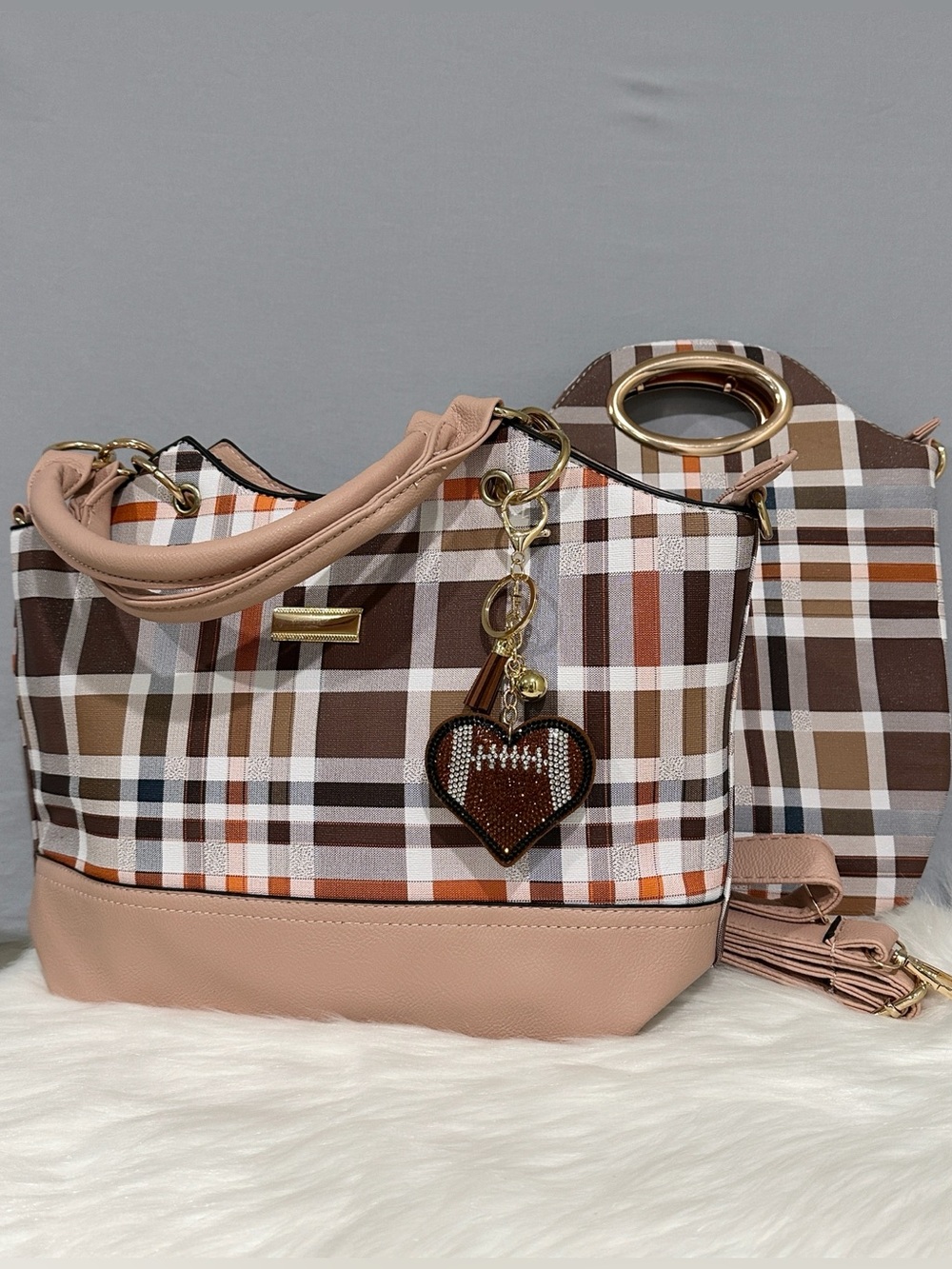 Plaid Brown and Tan Satchel Crossbody Bag with Tote Removable and Charm NWOT’S